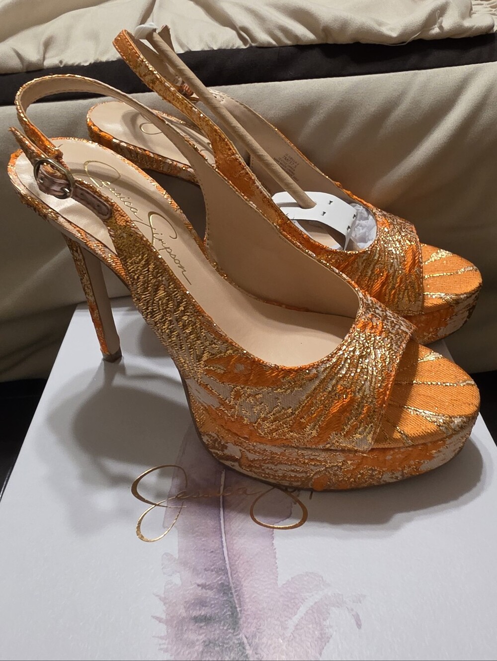 Jessica Simpson Orange Metallic Textile Slingback Peep Toe Platform Heels Sz-7M